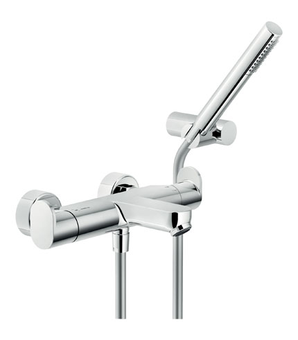 BAIN-DOUCHE, MITIGEUR THERMOSTATIQUE MURAL COMPLET Blocage de sécurité à 38° C Clapets anti-retour Mousseur anticalcaire M 28 x 1 Inverseur avec retour automatique Douchette à un jet, support orientable et flexible 150 cm Filtres de rechange cartouche inclus dans l’emballage