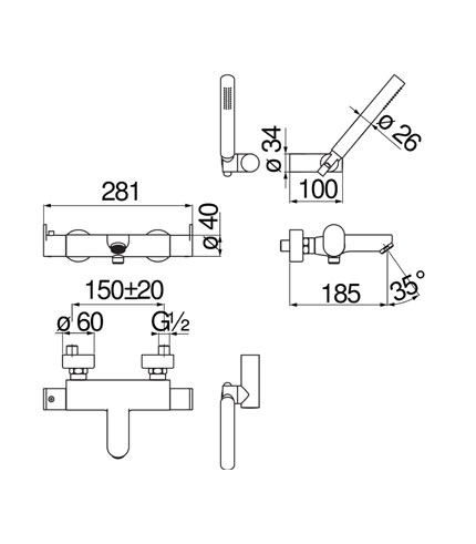 BAIN-DOUCHE, MITIGEUR THERMOSTATIQUE MURAL COMPLET Blocage de sécurité à 38° C Clapets anti-retour Mousseur anticalcaire M 28 x 1 Inverseur avec retour automatique Douchette à un jet, support orientable et flexible 150 cm Filtres de rechange cartouche inclus dans l’emballage