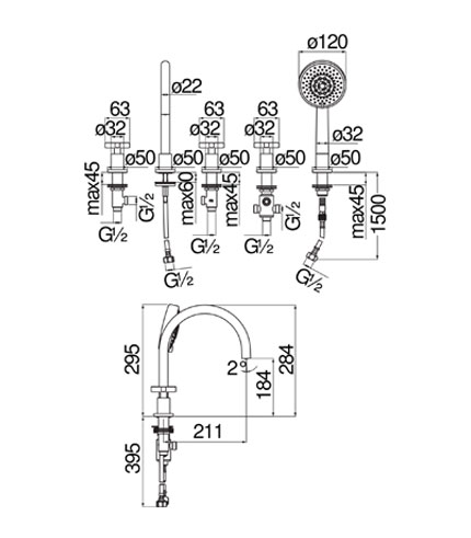 BATTERIE BAIN-DOUCHE, BATTERIE 5 TROUS BORD BAIGNOIRE