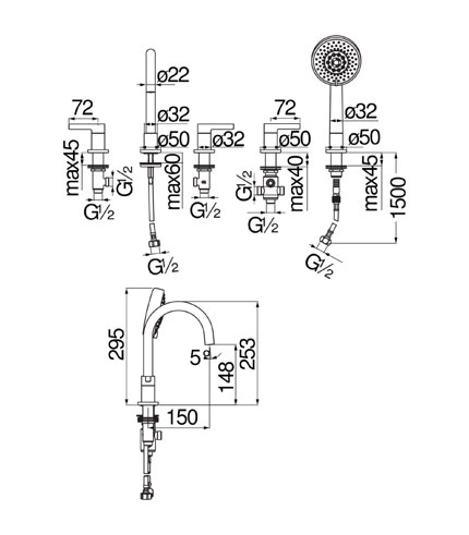 BATTERIE BAIN-DOUCHE, BATTERIE 5 TROUS BORD BAIGNOIRE