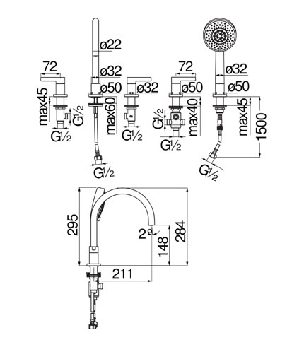BATTERIE BAIN-DOUCHE, MÉLANGEUR 5 TROUS BORD DE BAIGNOIRE AVEC BEC LONG