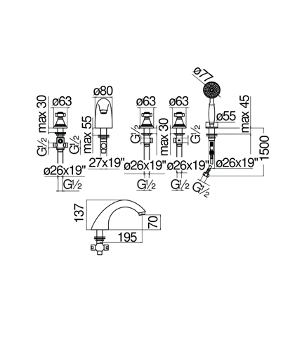 BATTERIE BAIN-DOUCHE, BATTERIE 5 TROUS BORD BAIGNOIRE